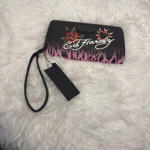 Ed Hardy Black Pink Animal Print Wristlet Wallet